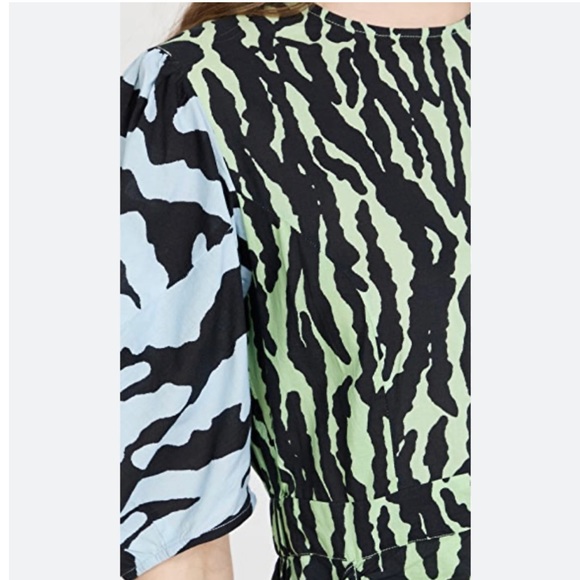 Rhode Pia Tiger Print Color block Wrap Ruched Mini Puff Sleeve Dress - Picture 5 of 13